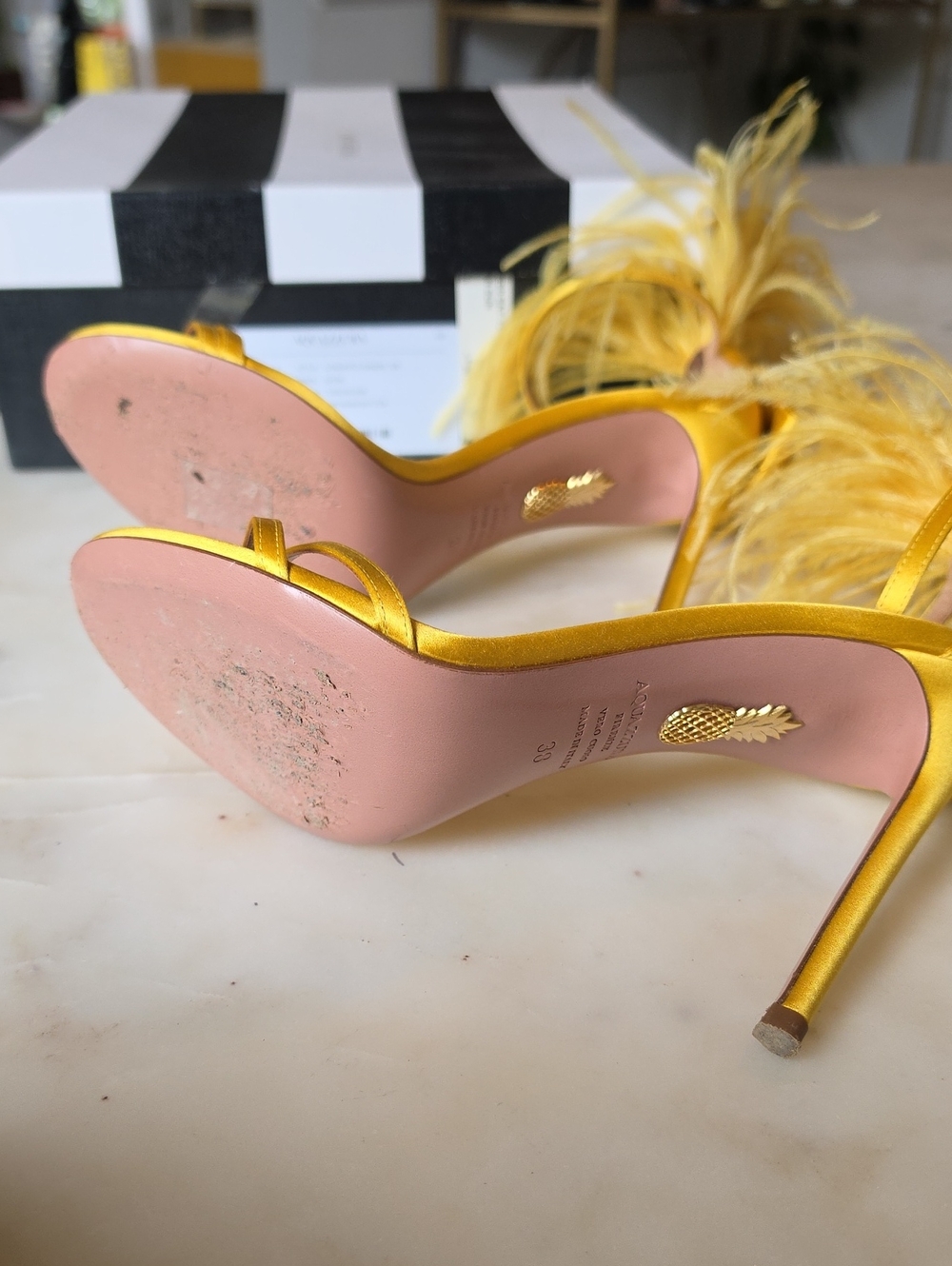 Aquazzura Concerto Feather Stiletto Sandals In Tuscan Sun Size 38/8 - Picture 10 of 13